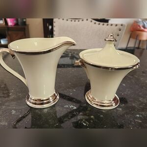 Lenox Solitaire creamer&lidded sugar bowl set ivory porcelain/ Platinum Trim EUC